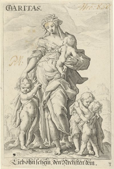 Liefde (charita) Charita (titul na předmětu) od Jacob Matham (attributed to)