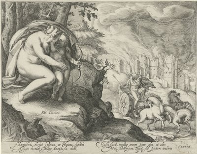 Venuše povzbuzuje Amora, aby vystřelil šíp na Pluto od Jacob Matham (attributed to)