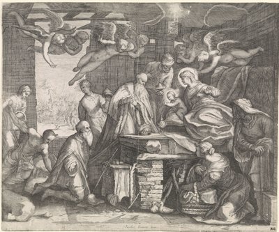 Klanění králů s anděly od Jacob Matham (workshop of)