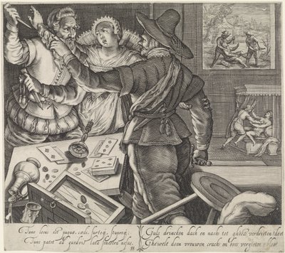 Hráči karet bojují s vytaženými zbraněmi Bojujte v nevěstinci The Effects of Drunkenness (název série) od Jacob Matham