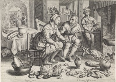 Kuchyňský kousek s kuřecím masem na rožni Kuchyňské a tržní scény s biblickými scénami (název série) od Jacob Matham