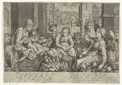 Trhová scéna s podobenstvím o dělnících na vinici v pozadí, asi 1600 od Jacob Matham