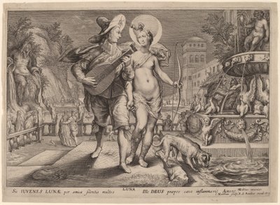 Diana jako Luna doprovázející mladého muže Serenading od Jacob Matham, after Hendrik Goltzius