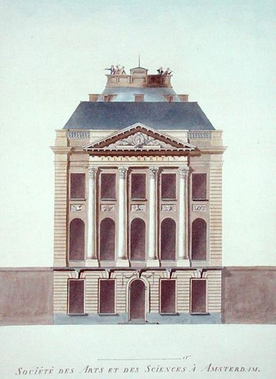 Society of Arts and Sciences, Amsterdam, z „Výběr z nejvýznačnějších památek, budov a domů Nizozemského království“ od Pierra Jacquese Goetghebuera, vydané 1827 (akvatinta) od Jacob Otten Husly