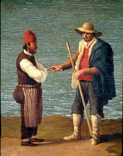 Pastýř a obchodník v přístavu Monopoli, Puglia, Itálie (pastýř a obchodník v Monopoli) Obraz Jacoba Philippa Hackert dit Hackert d