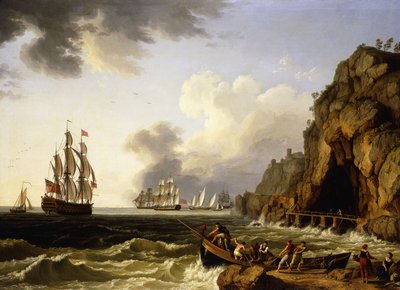 Pohled na pobřeží poblíž Neapole s třípatrovým britským královským námořnictvem plujícím pod vlajkou viceadmirála Rudé, 1777 od Jacob Philippe Hackert