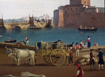 Pohled na přístav Taranto (Taranto) v Itálii v 18. století Dokaři v přístavu vykládající zboží, kočár tažený voly - Obraz Jacoba Philippa Hackerta dit Hackert d