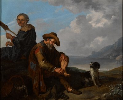 Jižní pobřežní krajina s dvojicí postav a psem od Jacob Toorenvliet