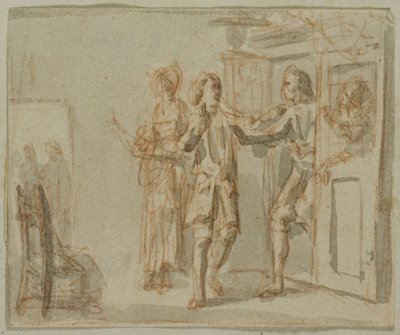 Literární ilustrace: Dva muži a žena v interiéru od Jacob Wilhelm Mechau