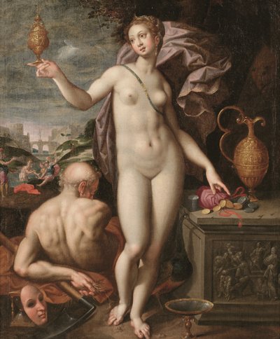 Juno drží zlatou nádobu a měšec na peníze (olej na plátně) od Jacob de (studio of) Backer