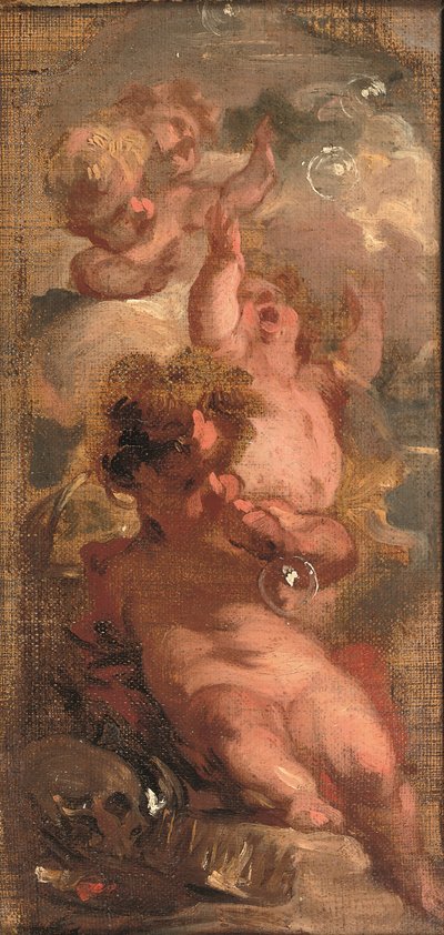 Alegorie Vanitas: Čtyři putti vyfukující bubliny, lebka, umělcova paleta a koruna poblíž (olej na plátně položeném na panelu) od Jacob de Wit