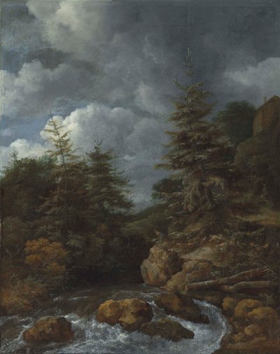 Říční krajina s jedlemi u kaskády od Jacob van Ruisdael
