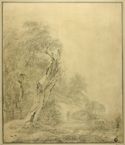 Mrtvý strom na okraji vody, postava blížící se s tyčí od Jacob van Ruisdael