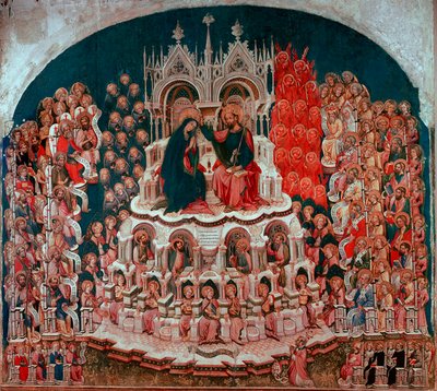 Malba korunovace Panny Marie v ráji na dřevě od Jacobella del Fiore (1370-1439). Galerie Accademia Benátky z 15. století od Jacobello del Fiore