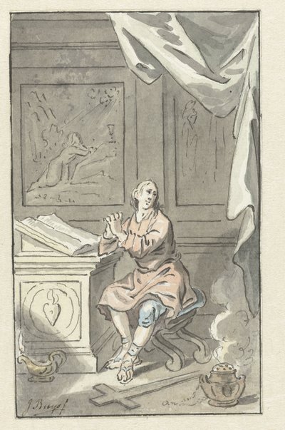 Sedící muž se sepjatýma rukama, za biblí od Jacobus Buys