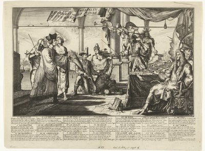 Karikatura právnické profese těžící z mužských hádek, 1687 Interest des