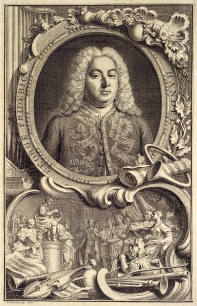 Portrét G.F. Händel, s nápisem „Izrael v Egyptě“, vydaný v Londýně od Jacobus Houbraken