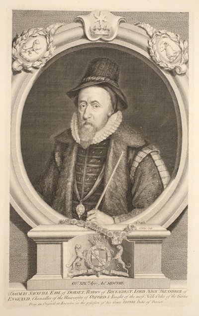 Portrét Thomase Sackvilla, hraběte z Dorsetu, barona z Buckhurstu, ilustrace z knihy "Heads of Illustrious Persons of Great Britain", vyd. Knapton, Londýn 1742. od Jacobus Houbraken