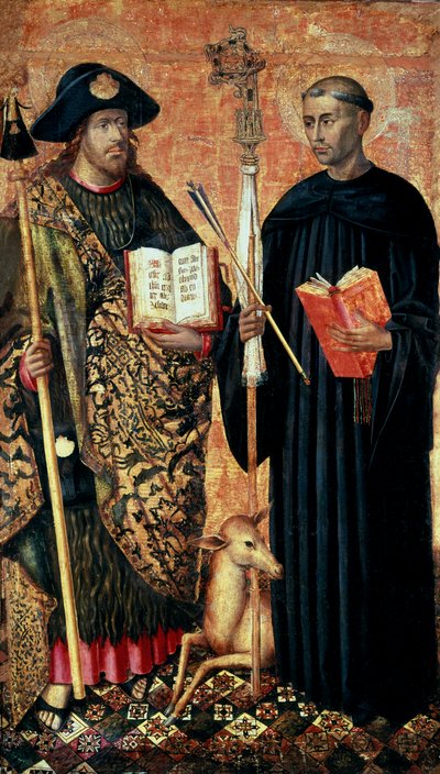 Svatý Jakub z Compostely zastoupený v pelerinu s holí, kloboukem a mušlí. a svatý Gilles poustevník (7. století), kolem 1450 (tempera a olej na panelu) od Jacomart (c.1413 61) Baco
