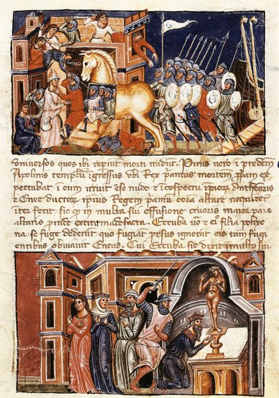 Obléhání a útok města Tróje, miniatura z "Historia Destructionis Troiae" od Guida delle Colone (asi 1210-asi 1287) od Jacome Cromberger