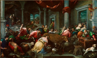 Očista chrámu aneb „Kristus honí obchodníky z chrámu““ Obraz od Jacopa Da Ponte dit Jacopo Bassano (1517 cca-1592) Sun. 160x265 cm Londýn, Národní galerie od Jacopo Bassano
