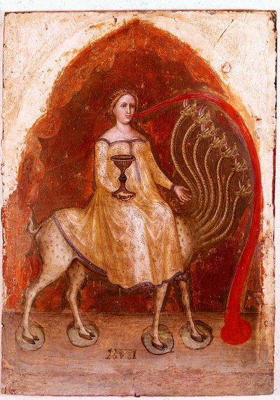 Levý panel Polyptychu Zjevení: Bete má sedm hlav a Žena, která na něm sedí, je bohatá prostitutka. Detrempe na dřevě od Jacobella Alberegna (cca 1367-1397) 1360-1390. Gallerie dell