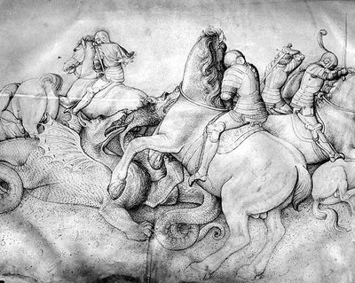 Bitva proti drakům, cca 1450 (inkoust na pergamenu) od Jacopo Bellini