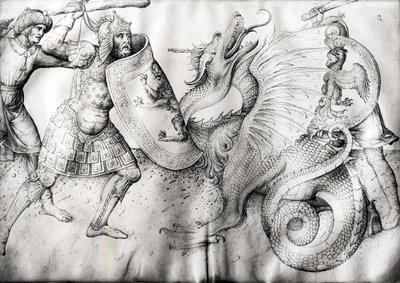 Bitva mezi válečníky a drakem, cca 1450 (inkoust na pergamenu) od Jacopo Bellini