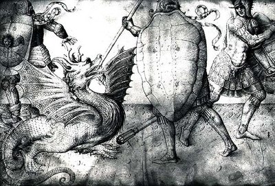 Válečníci bojující s drakem, cca 1450 (inkoust na pergamenu) od Jacopo Bellini