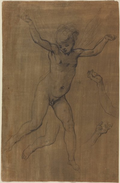 Anděl v letu, asi 1594 (černá křída a grafit na hnědém preparovaném papíře) od Jacopo Chimenti Empoli