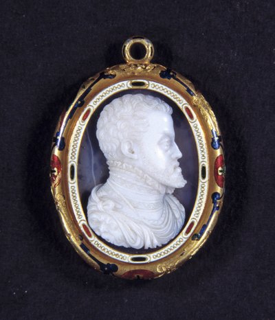 Portrét španělského krále Filipa II. (1527-1598). Medailon v kalcedonii od Jacopo Nizzola da Trezzo