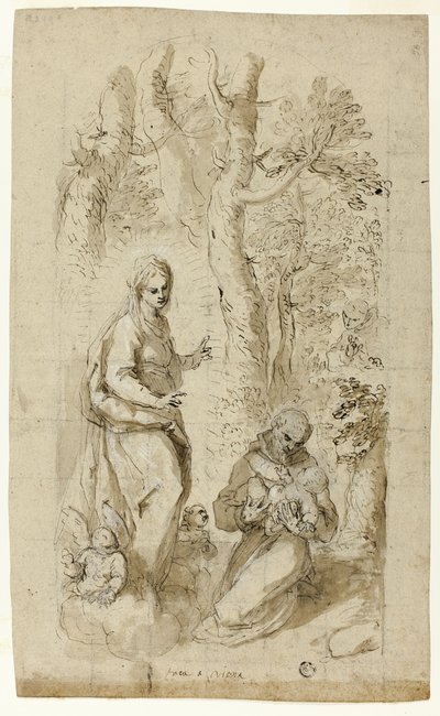 Vidění svatého Františka z Assisi (recto); Svatý Jeroným, vidění svatého Františka a dvě malé skici svatého Františka držícího Ježíška (verze) od Jacopo Palma il Giovane
