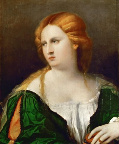 Mladá žena v zelených šatech, v ruce krabici, cca 1514 od Jacopo Palma il Vecchio the Elder
