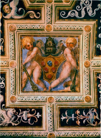 Putti a erb papeže Leona X. (1475-1521). Freska Jacopo (Iacopo) Carrucci dit il Pontormo (Pontormo) (1494-1557) od Jacopo Pontormo