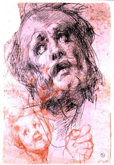 Studie hlavy sv. Josefa, hlavy dítěte a pěst pro „Svatou rodinu se svatými“ (Pucciho oltářní obraz), kolem roku 1518 (černá a červená křída) od Jacopo Pontormo