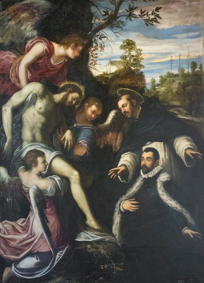 Mrtvý Kristus podpíraný třemi anděly, sv. Dominikem a donátorem od Jacopo Robusti Tintoretto