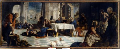 Ježíš Kristus myje nohy svým učedníkům. Obraz od Jacopa Robustiho detto Il Tintoretto (Tintoret od Jacopo Robusti Tintoretto