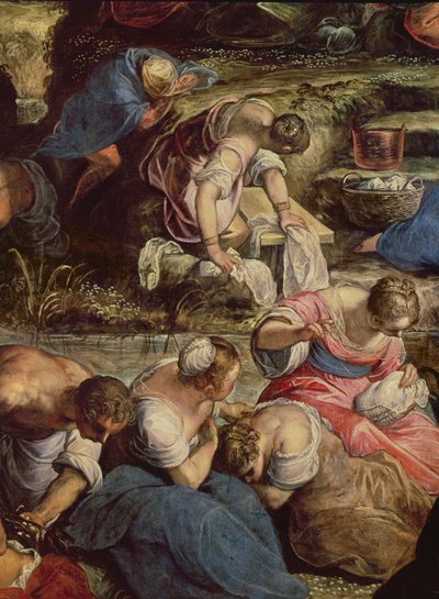 The Gathering of Manna, ústřední detail: šicí žena od Jacopo Robusti Tintoretto