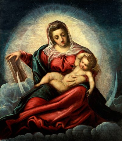 Madona s dítětem v mandorle na půlměsíci a oblacích s knihou moudrosti od Jacopo Robusti Tintoretto