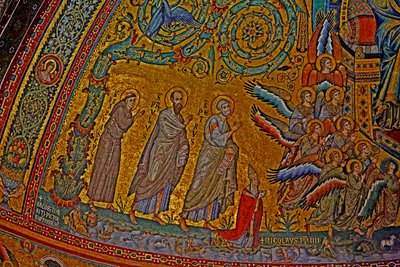 Svatý František, svatý Pavel, svatý Petr, papež Mikuláš IV. a andělé účastnící se korunovace Panny Marie, apsida, mozaika kolem roku 1290 od Jacopo Torriti