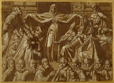 Madonna della Misericordia se sv. Františka a Dominika s dalšími světci a panovníky a rodinou dárců (pero a hnědý inkoust s lazurou a bílou barvou těla na papíře) od Jacopo Zucchi