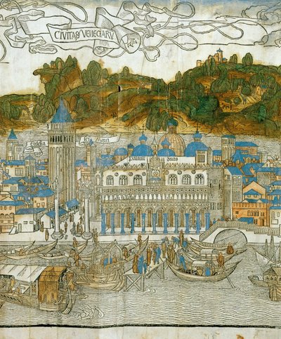 Benátky a stará kampanila před zničením zemětřesením, z knihy Pregrinatio in Terram Sanctam, poprvé vytištěné v roce 1486... (dřevoryt) od Jacopo de