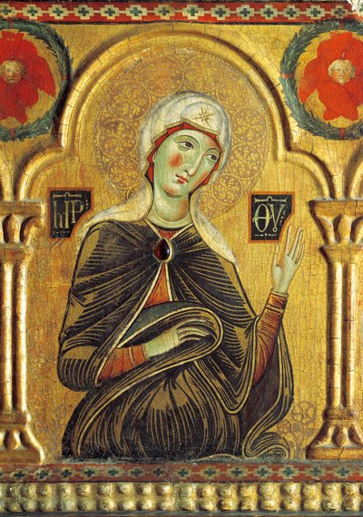 Postava Marie, od Vykupitele s Madonou a třemi svatými, od Meliore Toscano nebo Meliore di Jacopo (kolem 1255-1285), tempera a zlato na desce, 85x210 cm od Jacopo di Meliore