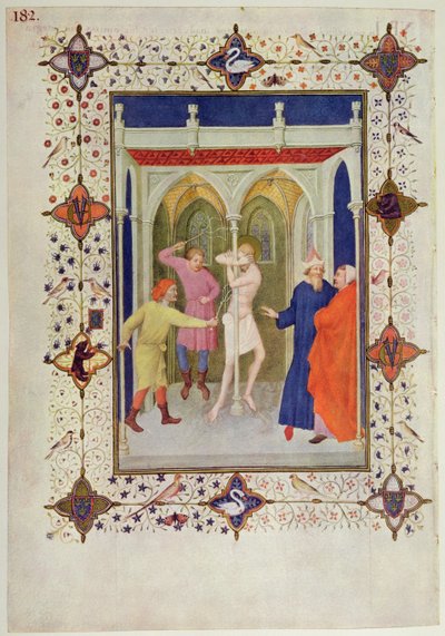 MS 11060-11061 Křížové hodiny: Tierce, Bičování Krista, z „Tres Riches Heures du Duc de Berry“ od Jacquemart de Hesdin