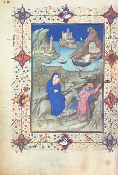 Ms 11060-61, Útěk do Egypta, z knihy "Tres Belles Heures du duc de Berry", asi 1409 od Jacquemart de Hesdin