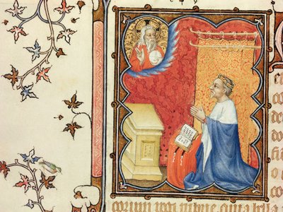 Paní Lat 18014 Jean de France (1340-1416) vévoda z Berry se modlí před věčným otcem, z Les Petites Heures de Duc de Berry, kolem 1385-90 od Jacquemart de Hesdin