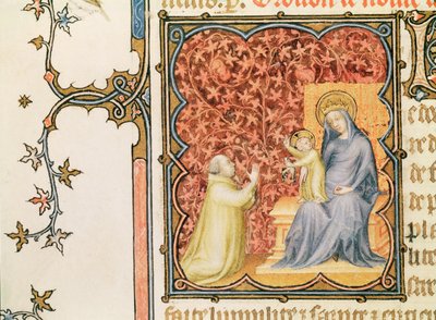 Paní Lat 18014 Jean de France (1340-1416) vévoda z Berry se modlí před Pannou a dítětem, z Les Petites Heures de Duc de Berry, kolem 1385-90 od Jacquemart de Hesdin
