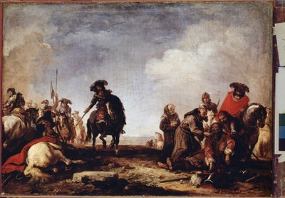 ""Po bitvě"" (Po bitvě) Skupina mnichů prochází mezi zraněnými, aby jim požehnala. Obraz od Jacquese Courtoise (1621-1696) Ermitážní muzeum 17. století, Petrohrad (Saint-Petersburg) od Jacques Courtois