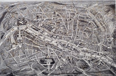 Mapa Paříže v reliéfu a ptačí muška s okolím a opevněním. Hlubotisk od Jacquese Alphonse Testarda (1810-?) Paříž 19. století, Musee Carnavalet od Jacques Alphonse (after) Testard