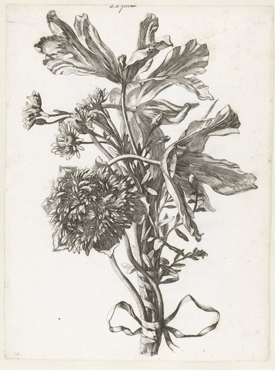 Kytice s vybledlými tulipány, sasankou a slaměnkami Diverse Fleurs mises en Boucquets (název série) od Jacques Bailly (I)
